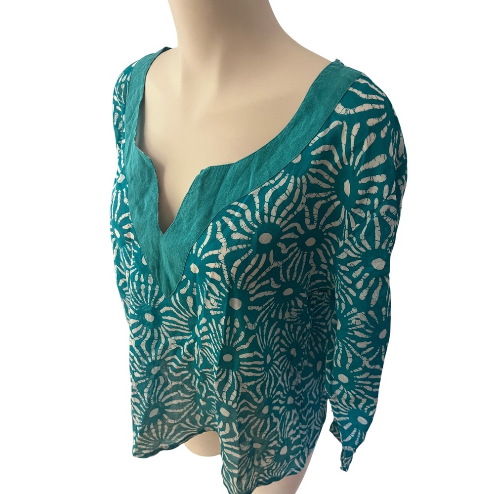 Teal White Batik Print Split Neck Tunic Top Long Sleeve Boho Floral